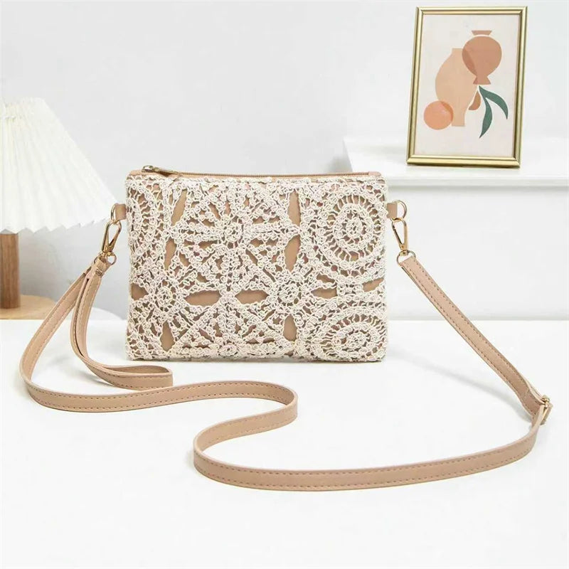 Simple Versatile Crossbody Crochet Bag, New Woven Bag, Zipper Closure, Retro Casual Beach Flower Women's Bags