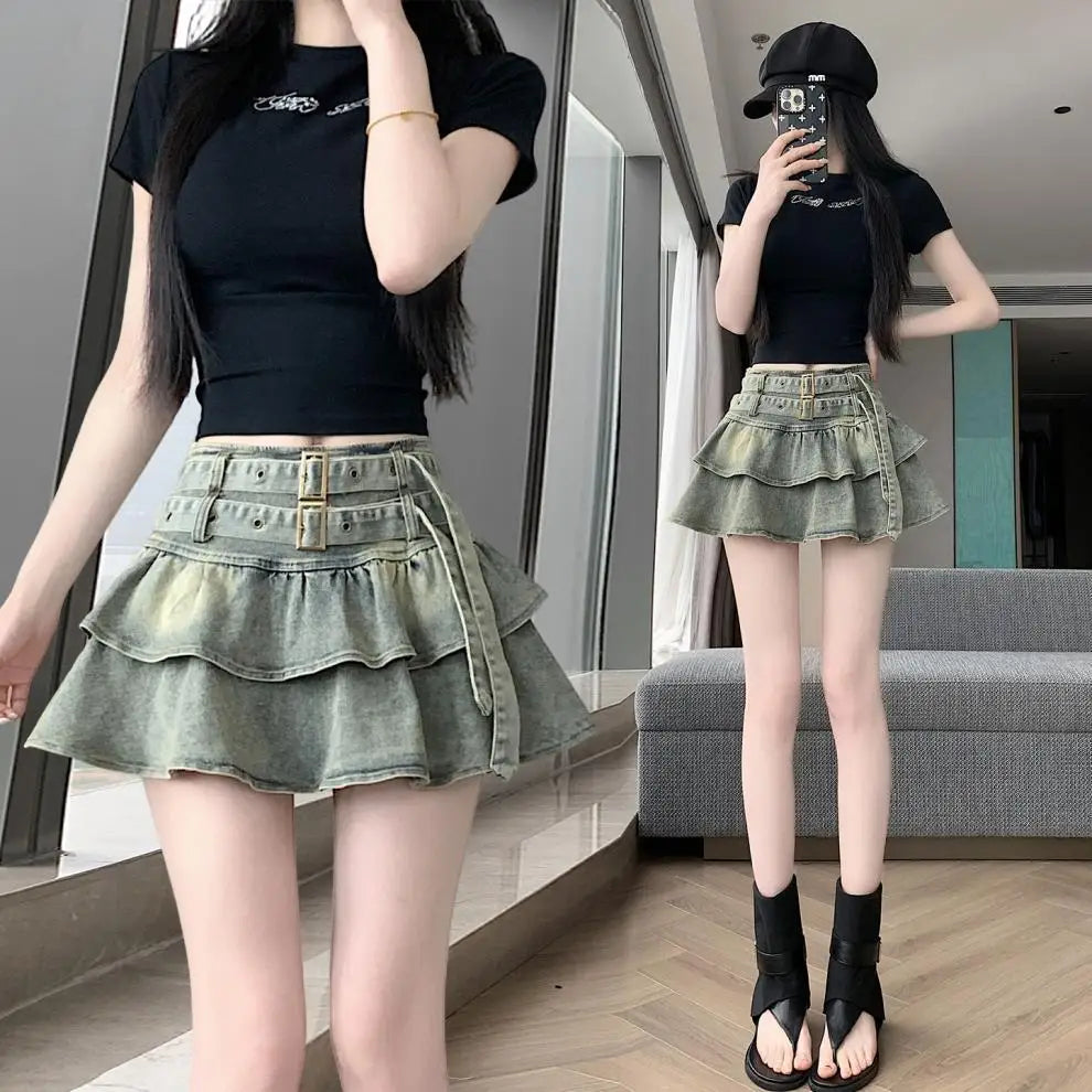 American Pure Desire Spicy Girl Design Elastic Denim Skirt Half-length Pleated Cake Skirt Short Commute High Elasticity