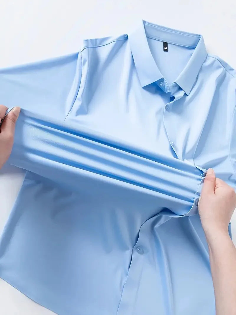 New Design Men'S Solid Shirt Long Sleeve Autumn High Elasticity Casual Wrinkle Free No Ironing Business Formal White Blue Social