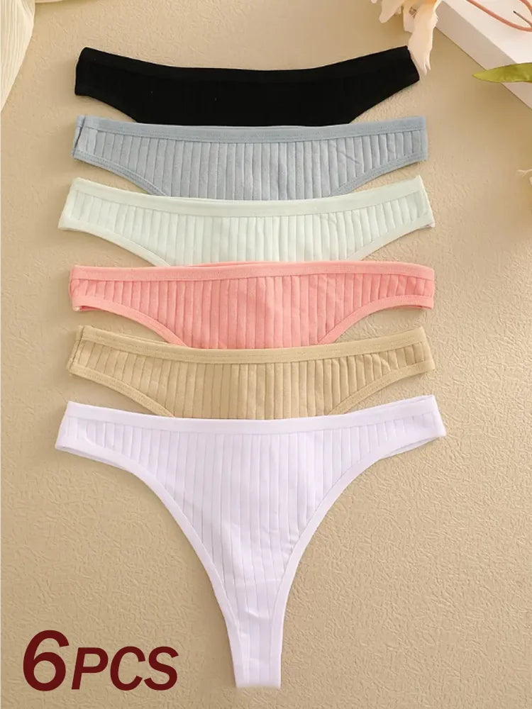 Conjunto de tangas de algodón para mujer, acanaladas, de tiro bajo, estilo bikini, 6 unidades, colores sólidos suaves, S-XL