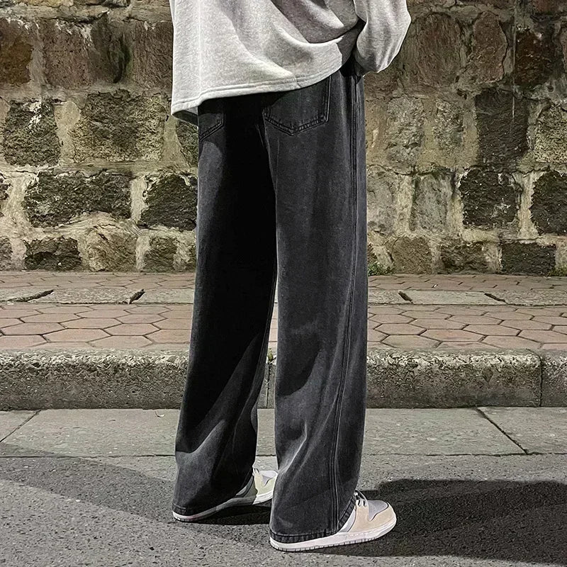 2026 New Streetwear Loose Jeans Men Korean Style Fashion Loose Straight Wide Leg Pants Men's Brand Clothing Black Light Blue