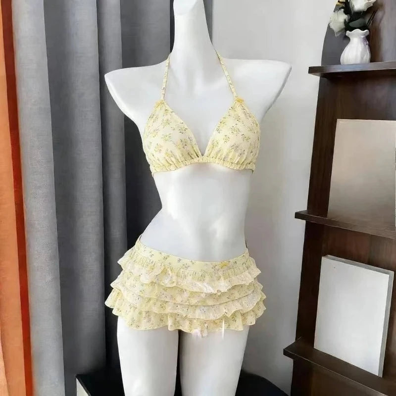 Women Y2k Sweet Bikini Set Japanese Kawaii Print Ruffles Lolita Swimsuit Crop Top + Skirt Two Piece Swimwear Beach Wear