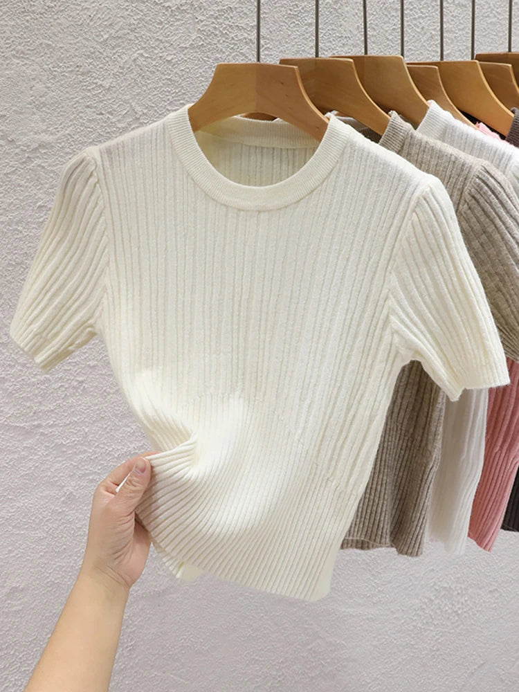 Korean Knit Crop Tee | Women's Casual Solid Basic Top