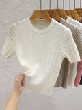 Korean Knit Crop Tee | Women's Casual Solid Basic Top
