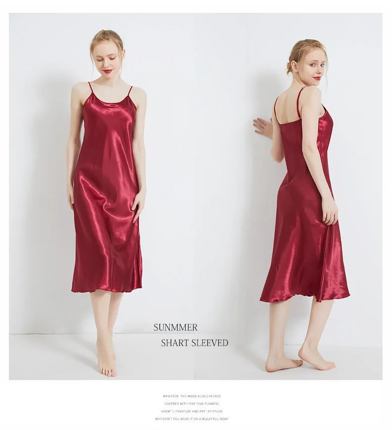 Summer Women Solid Plus Size Ice Silk Sexy Long Spaghetti Strap Nightgown Side Slit Close Fitting Sleep Dress Lingerie Sleepwear