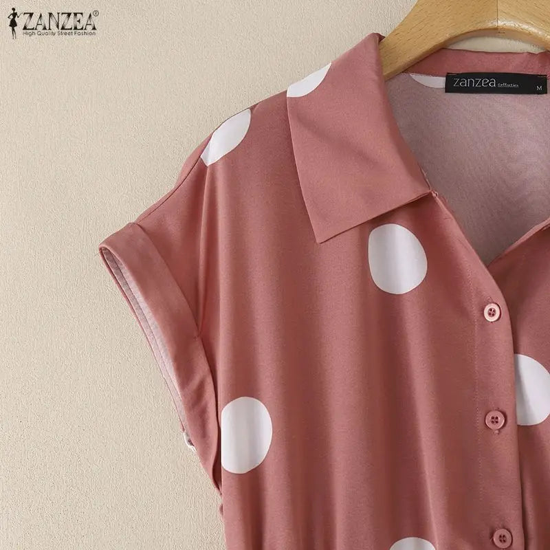 ZANZEA Women Polka Dots Midi Dress Casual Turn-Down Collar Cap Sleeve Half-Button Elastic Waist A-Line Dresses Commute Robes