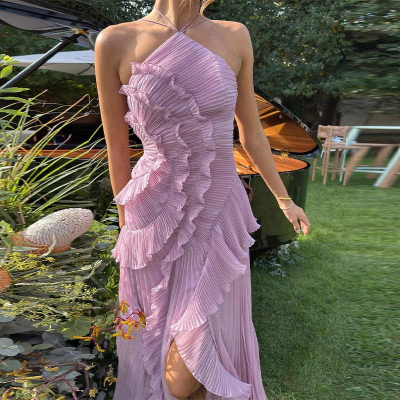 Elegant Purple Halter A Line Prom Dress With Chiffon Ruffles Tiered Backless Gown For Prom Night