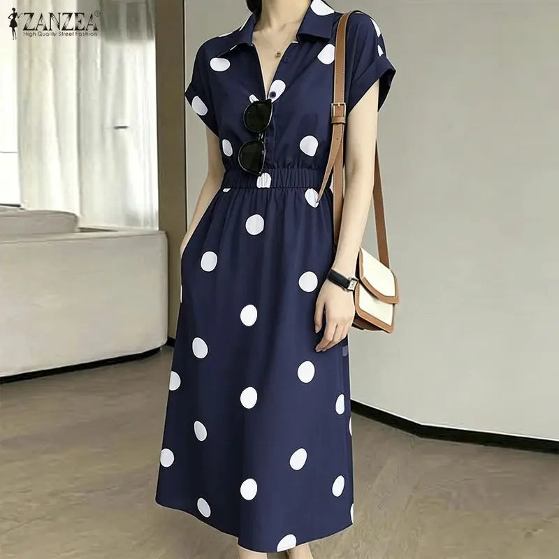 ZANZEA Women Polka Dots Midi Dress Casual Turn-Down Collar Cap Sleeve Half-Button Elastic Waist A-Line Dresses Commute Robes