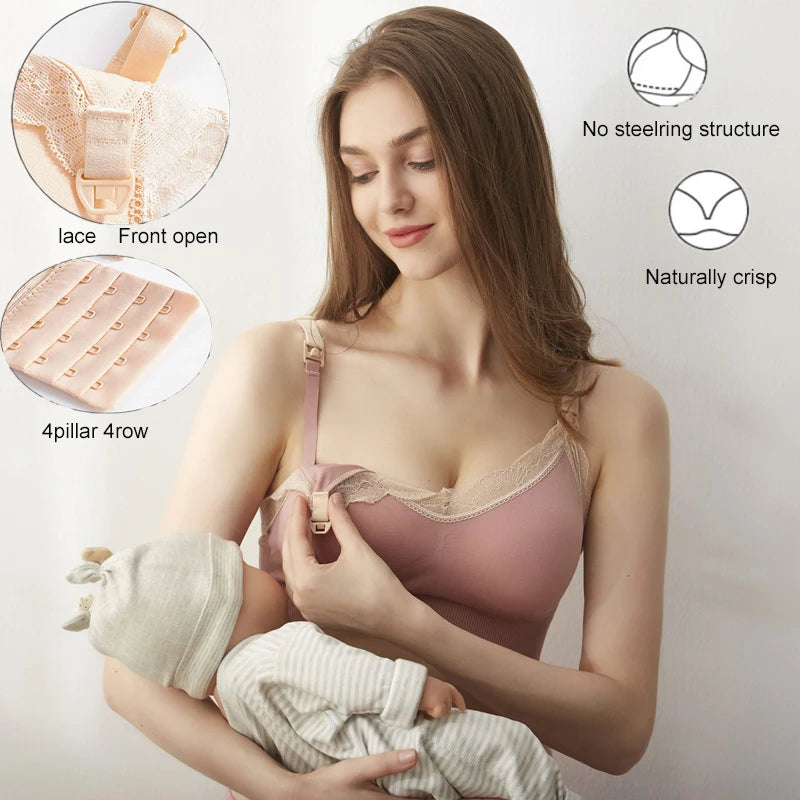 New Wireless Front Open Nursing Bra Soft Lace Breathable Seamless Maternity Breastfeeding Bras Maternal Support For Pregnant