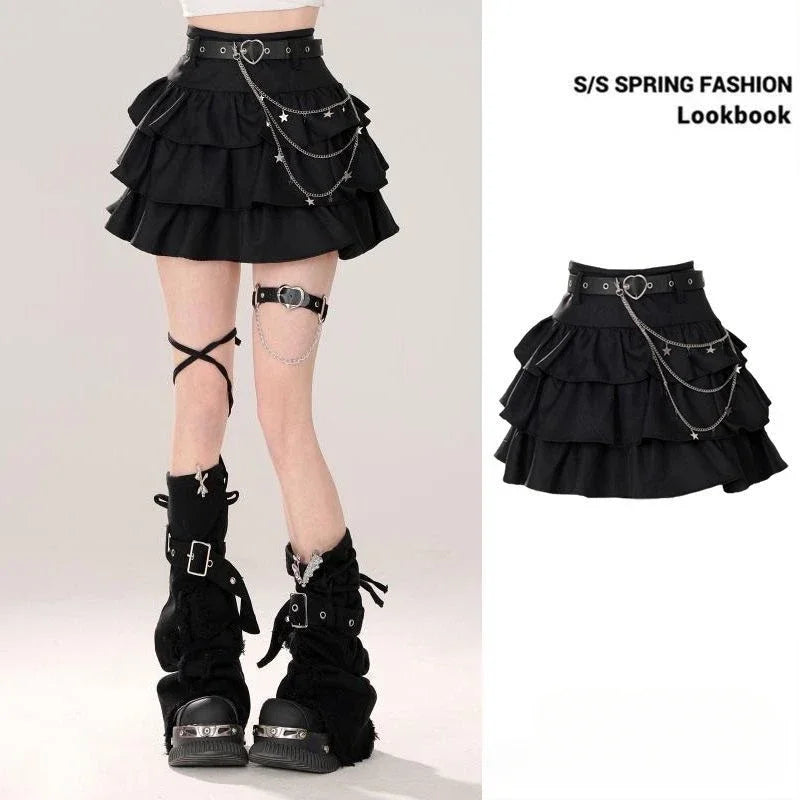 Women's Blue Black Riveted Belt Denim Skirt Y2K Harajuku High Street Fashion 90s Sexy A-line Mini Skirt Summer Clothing 2026 New