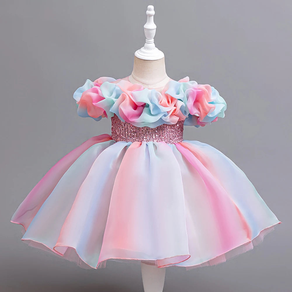 HETISO Rainbow Color Girl Princess Dress Sequined Belt Birthday Party Carnival Costume For Baby Kids 1-6 Years