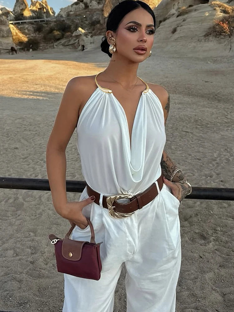 Weird Puss Metal Snake Halter Camisole Women Swing Collar Elegant Backless Summer Trend Beach Vacation Party Clubwear Tank Tops