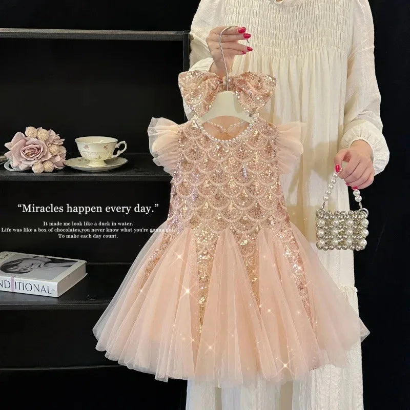2026 New Summer Party Dresses for Girls Children's Elegant Fashion Mesh Flying Sleeves Sequined Tank Top Princess Skirt S3069