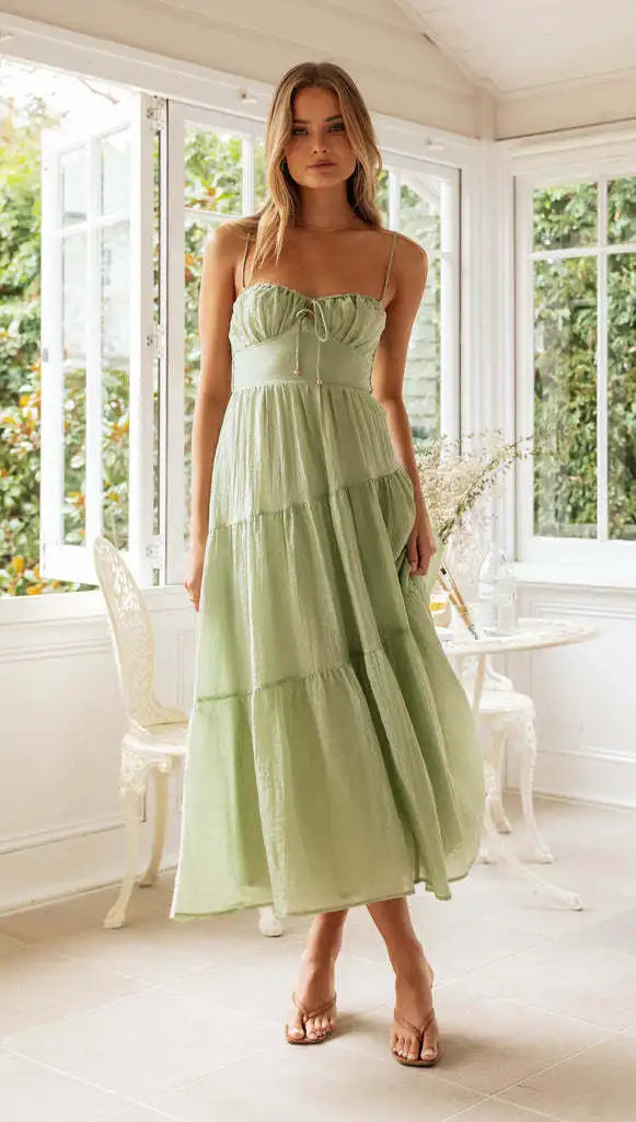 Women Spaghetti Strap Front Tie Tiered Flowy Backless Maxi Dress