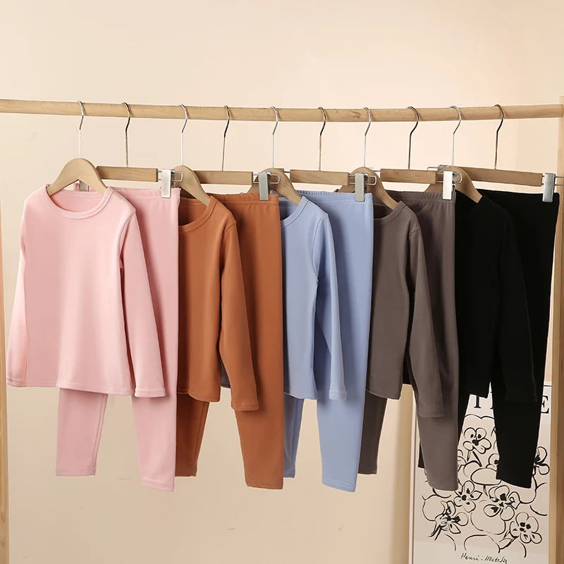 Unisex Children's Solid Color Thermal Long Johns 2-Piece Set