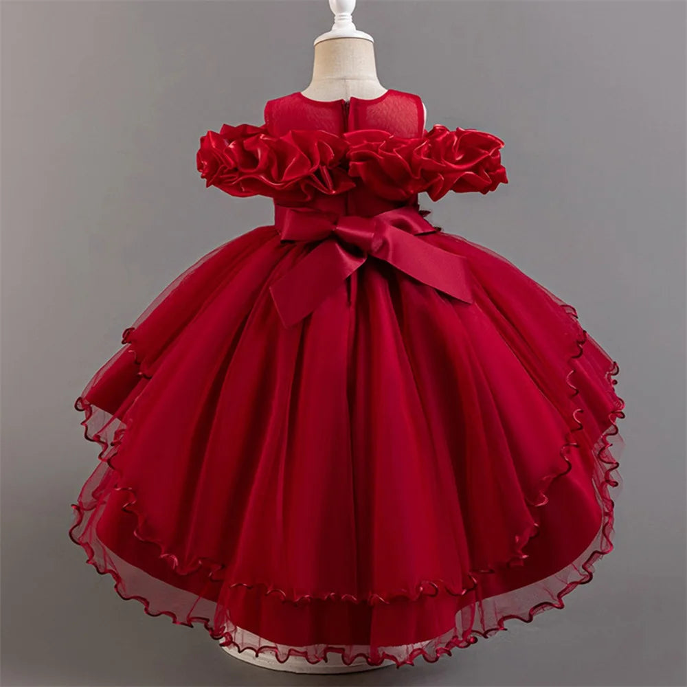 Fashion Pink Flower Girl Party Dresses Wedding Birthday Tulle Princess Dress for Kids Graduation Pageant Bridesmaid Kids Costume