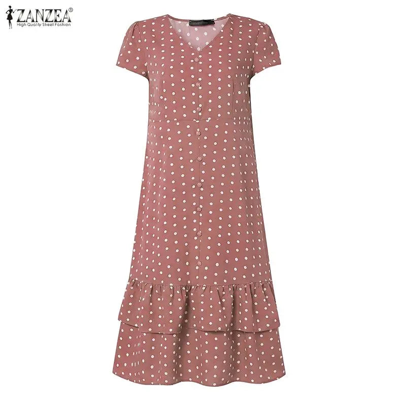 ZANZEA Summer Polka Dots Printed Women Dress Elegant Casual Holiday Beach Ruffled Sundress V Neck Short Sleeve Work Midi Dresses