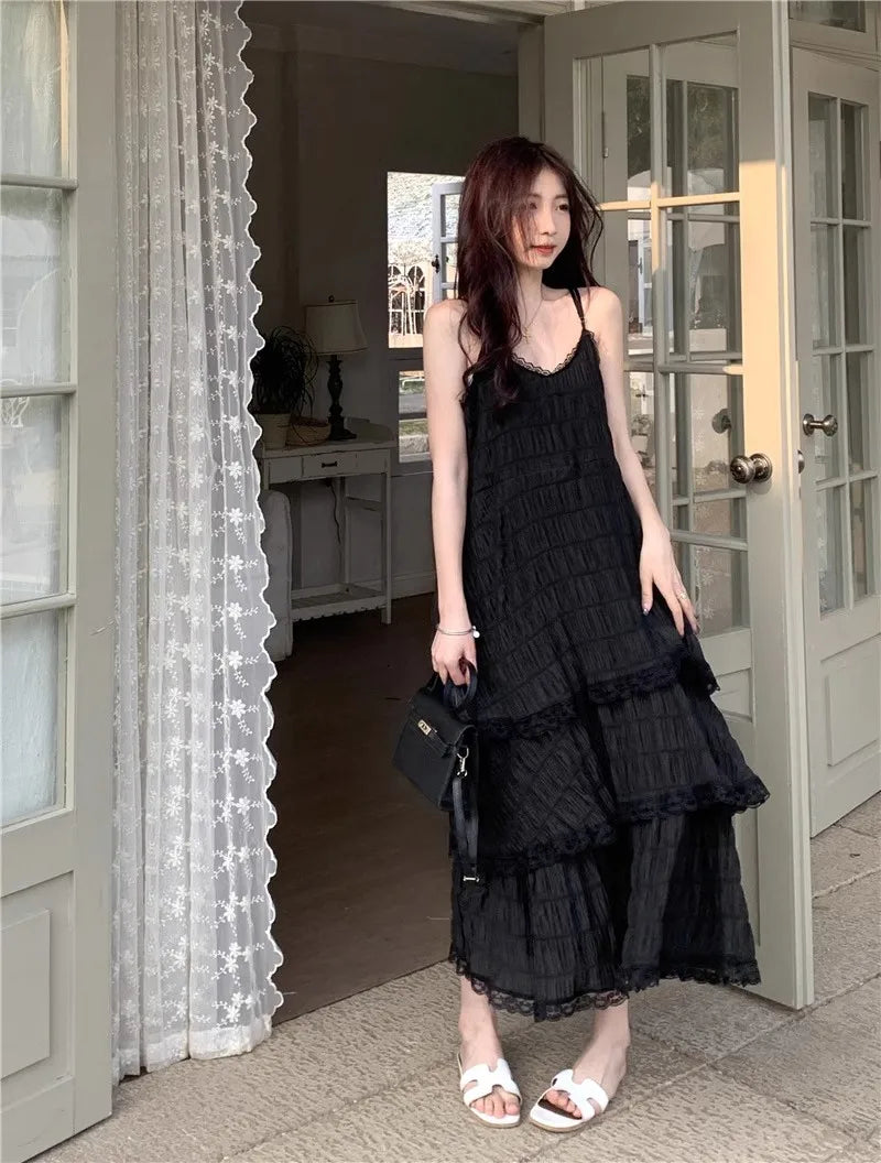 Women's Lace Ruffle Maxi Dress – Elegant Spaghetti Strap Summer Dress