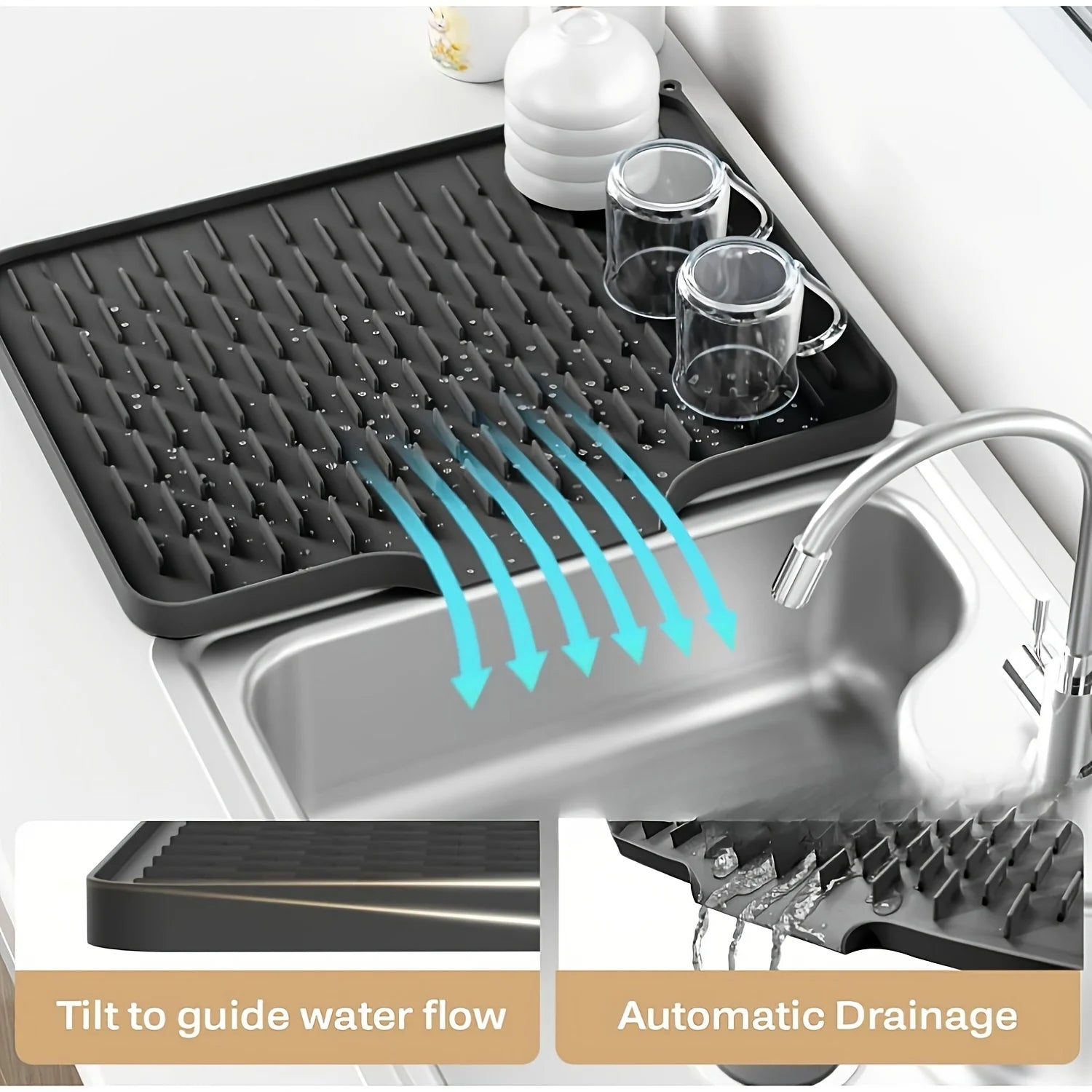 Tapete de silicona para cocina con diseño de drenaje incorporado, fácil de limpiar, adecuado para encimeras, fregaderos, refrigeradores