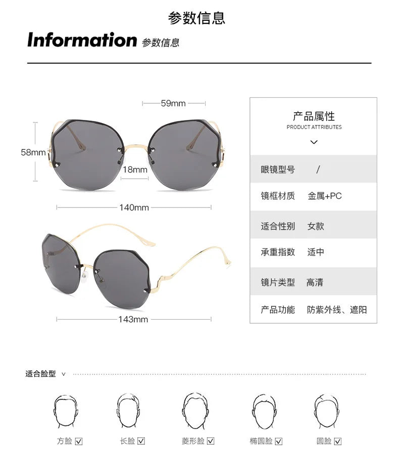 Women's Rimless Round Gradient Sunglasses 2026 New Trend UV400 Protection Anti Glare Metal Curved Temples Ocean Lens Eyewear