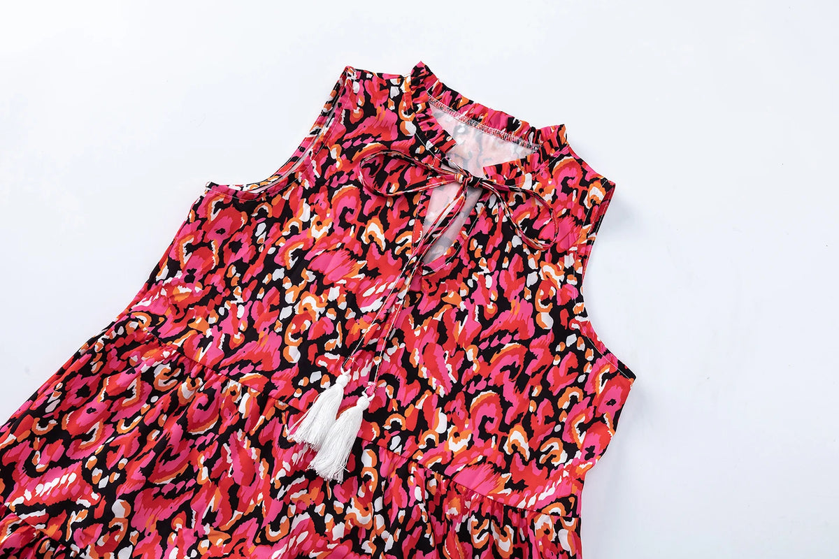 New European and American Summer Cross-border Seaside Vacation Mid to Long Sleeveless V-neck Tassel Abstract Print Dress