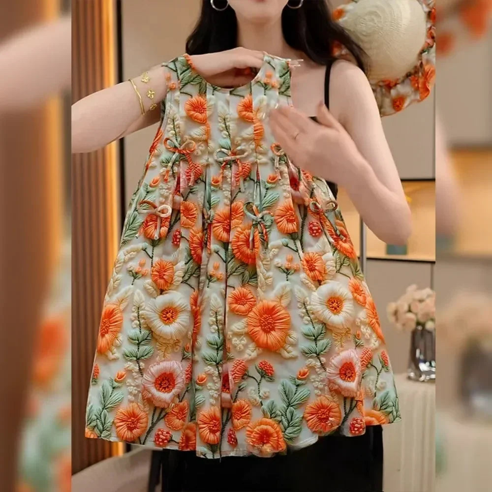 Summer Korean Version Girls Fashion Retro Flower Print Sleeveless Dress 1 Pc 2-7 Years Children Vacation Casual Cute Clothing