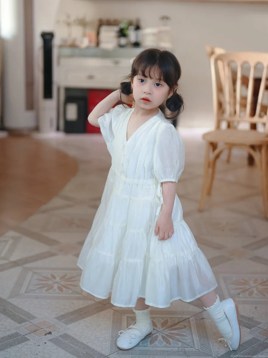 Family Matching Clothes Summer Dress Mother Daughter Solid Short Sleeve Dress Women Elegant Dress Girl Birthday Dress