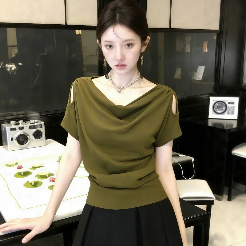 Unique Beautiful Shoulder-baring Short Sleeve T-shirt Women's Summer 2026 New plus Size Loose Fit Korean Style Creative Pattern