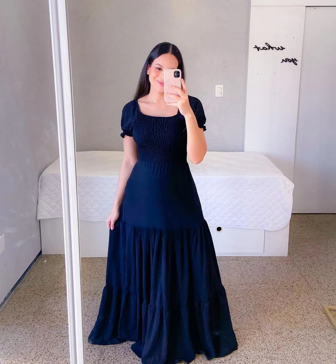 New Women's Boho Floral Dress Spring Summer European American Women's Clothing Off-shoulder Fragrant Long Solid Color Dress