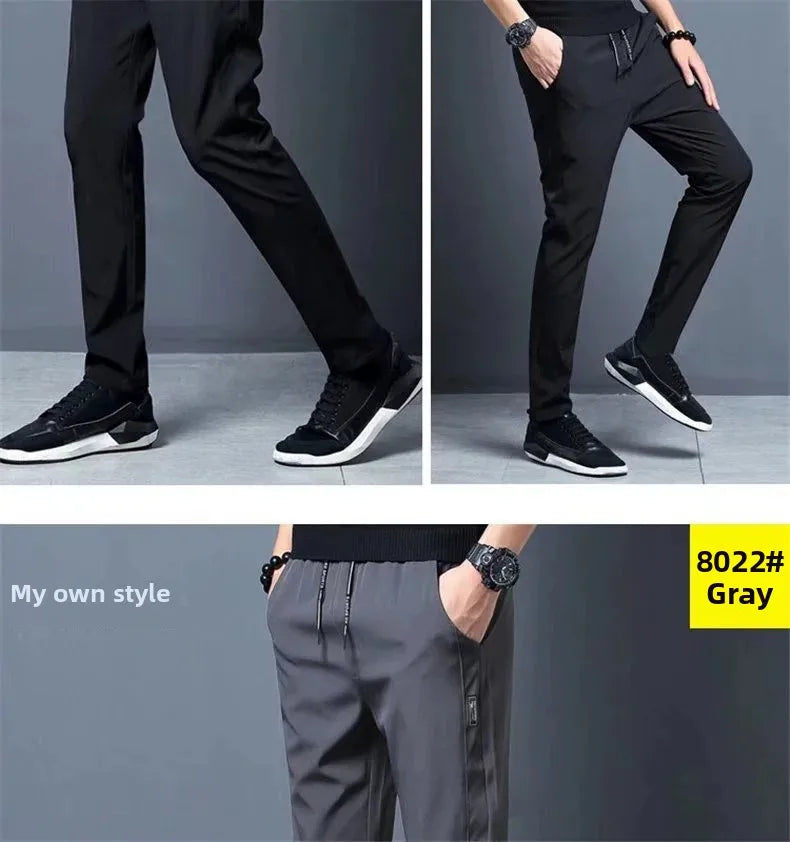 Ice Silk Thin Zipper Pocket Casual Pants Men's Summer Cool Feeling Quick Dry Breathable Straight Leg Long Pants Workwear