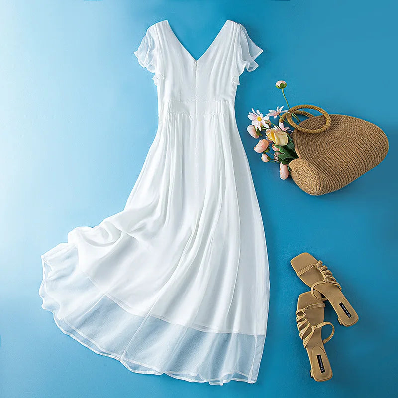 Winsleter-Women 100%Real Silk Elegant Dress, V Neck Flying Sleeve Ruffles, Beach Vacation Bohemia Dresses, 2025 Summer D55404CC