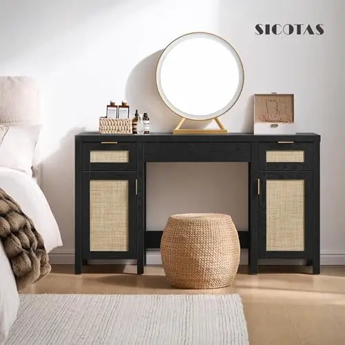 （Local US Inventory）Rattan Vanity Home Office Desk with 3 Drawers 52 Inch Farmhouse Boho Makeup Vanity Dring Table with Large St