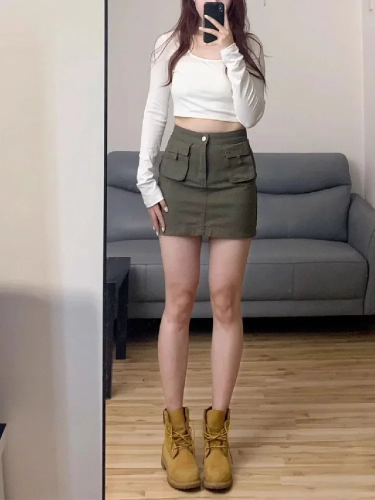 American Retro Workwear Mini Skirt A-Line Design plus Size High Waist Slimming Denim Half-length Skirts for Women