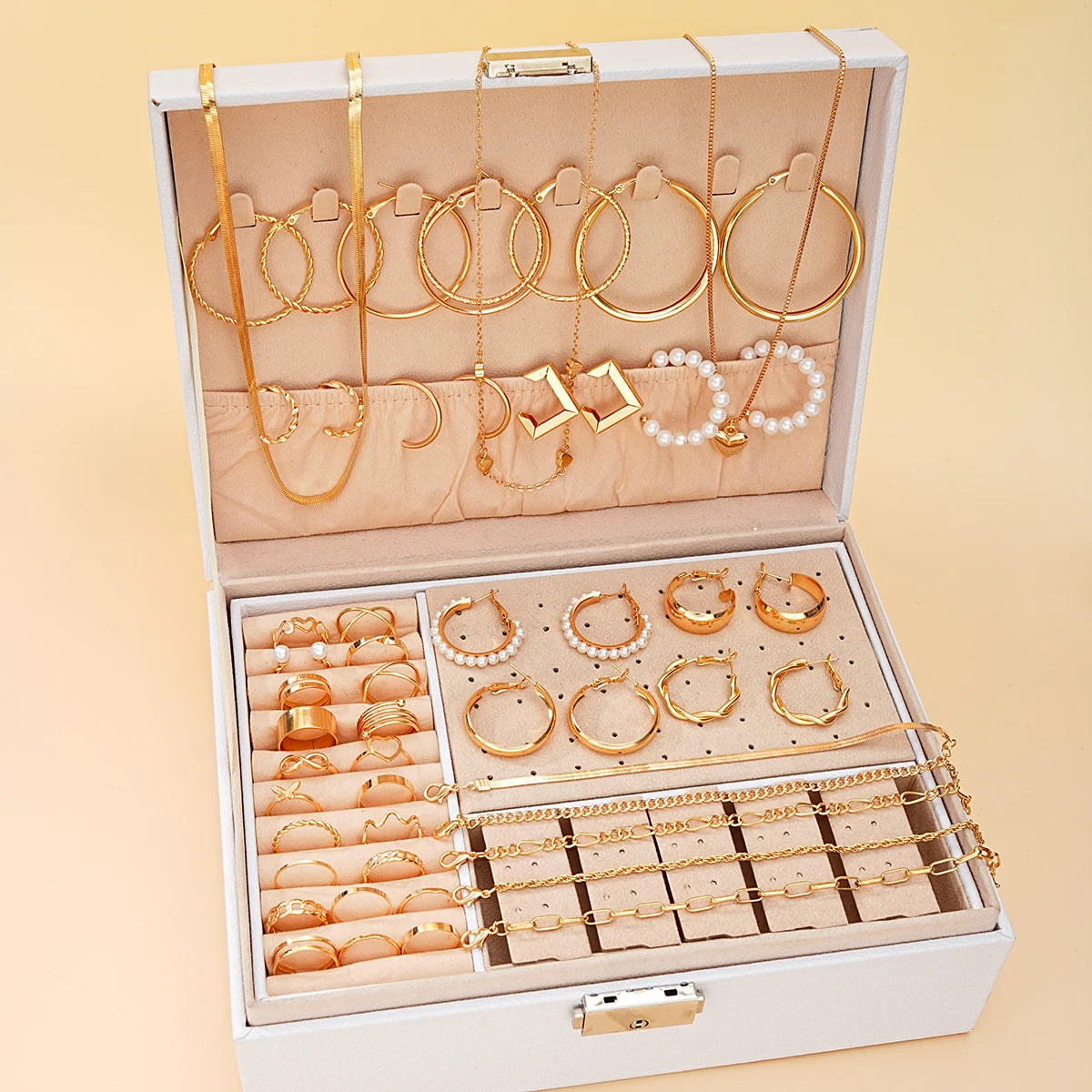 Pearl Jewelry Set Vintage Elegant Boho For Women With Heart Pendant Necklace Earrings Ring Bracelet Gift