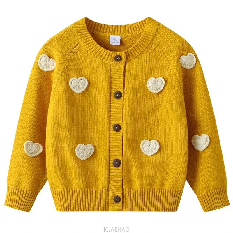 Teen Girl Clothes 2025 Children New Korean Cardigan Girls Knit Jacket Spring Autumn Outfit Style Costume Handmade Heart DIY Kids