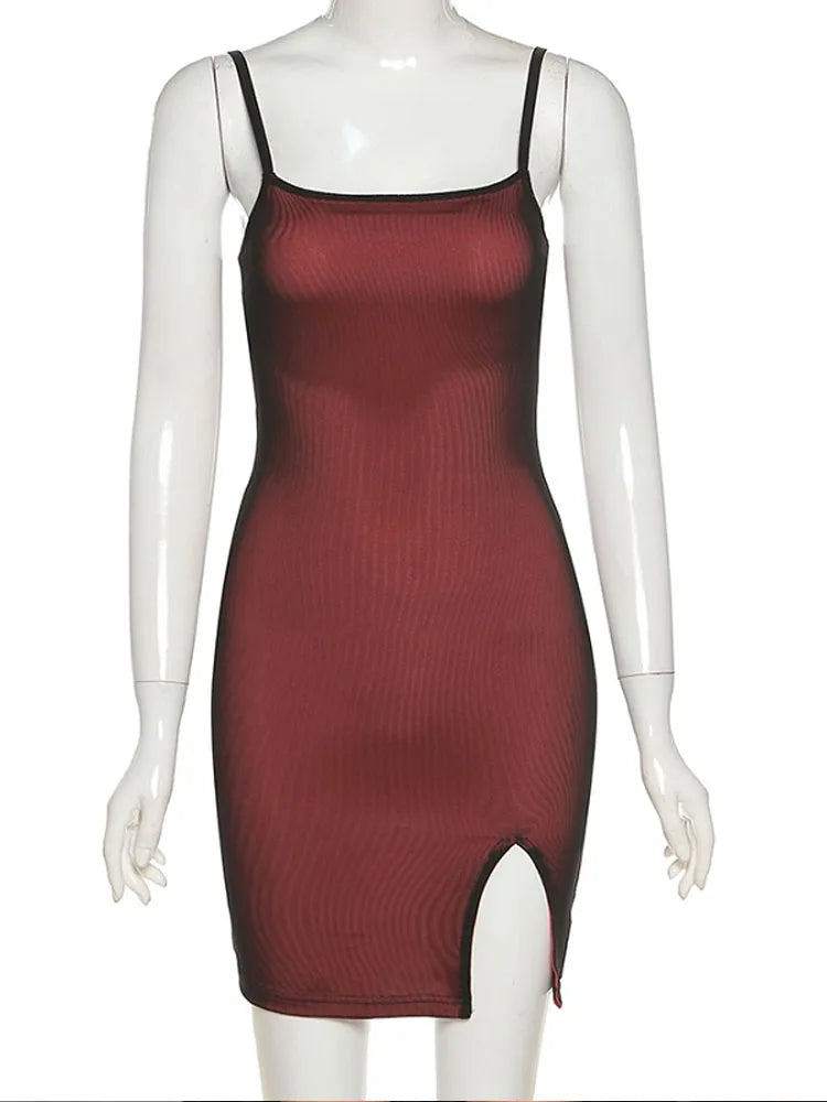 Mesh Double Layer Sexy Skinny Dress Women'S Sleeveless Bodycon 2023 Bandage Elastic Split Trend Clubwear Slim Outfit