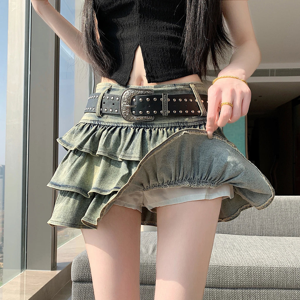 New Summer Women Hotsweet Mini Denim Skirt High Waist Vintage Layered Ruffles Short Skirt Tierred Ball Gown Cute Skirt With Belt
