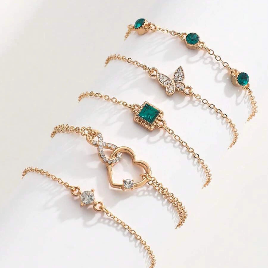 5 Pcs Set Hallow Out Heart Green Crystal Stone Bracelet Set For Women'S Gold Color Lovely Butterfly Rhinestone Girls Bracelet Set