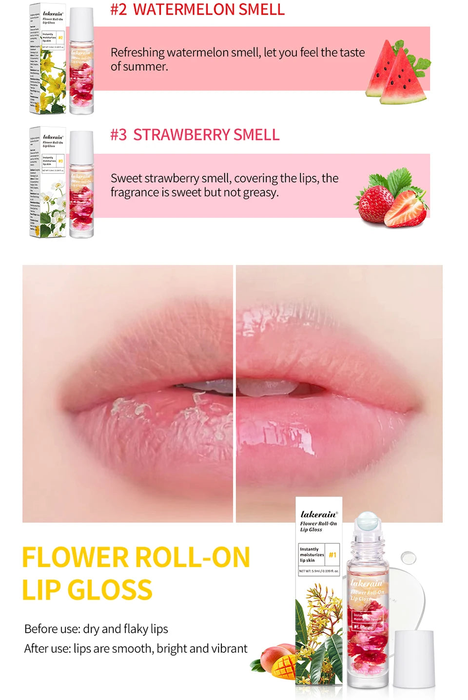 Lip Oil Gloss Blossom Scented Roll on Lip Gloss Infused with Real Flowers Mango Watermelon Strawberry
