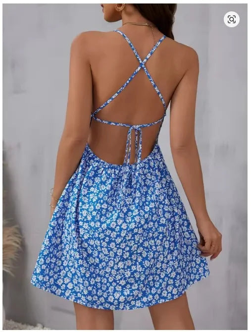 Elegant Floral Print Spaghetti Strap Dress Backless Tie Back Slim Vacation Summer Women Dress