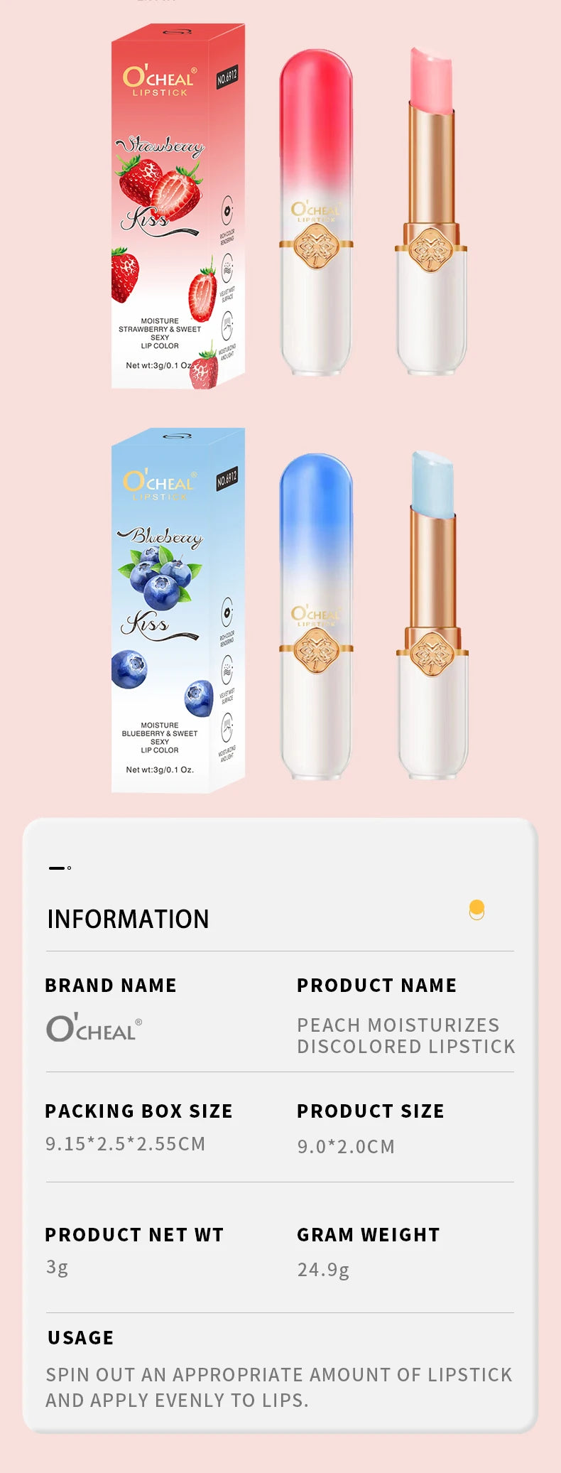 OCHEAL Color Changing Lipstick Fruit Lip Balm Moisturizing Waterproof Long Lasting Moisturizing Lip Balm Temperature Changing