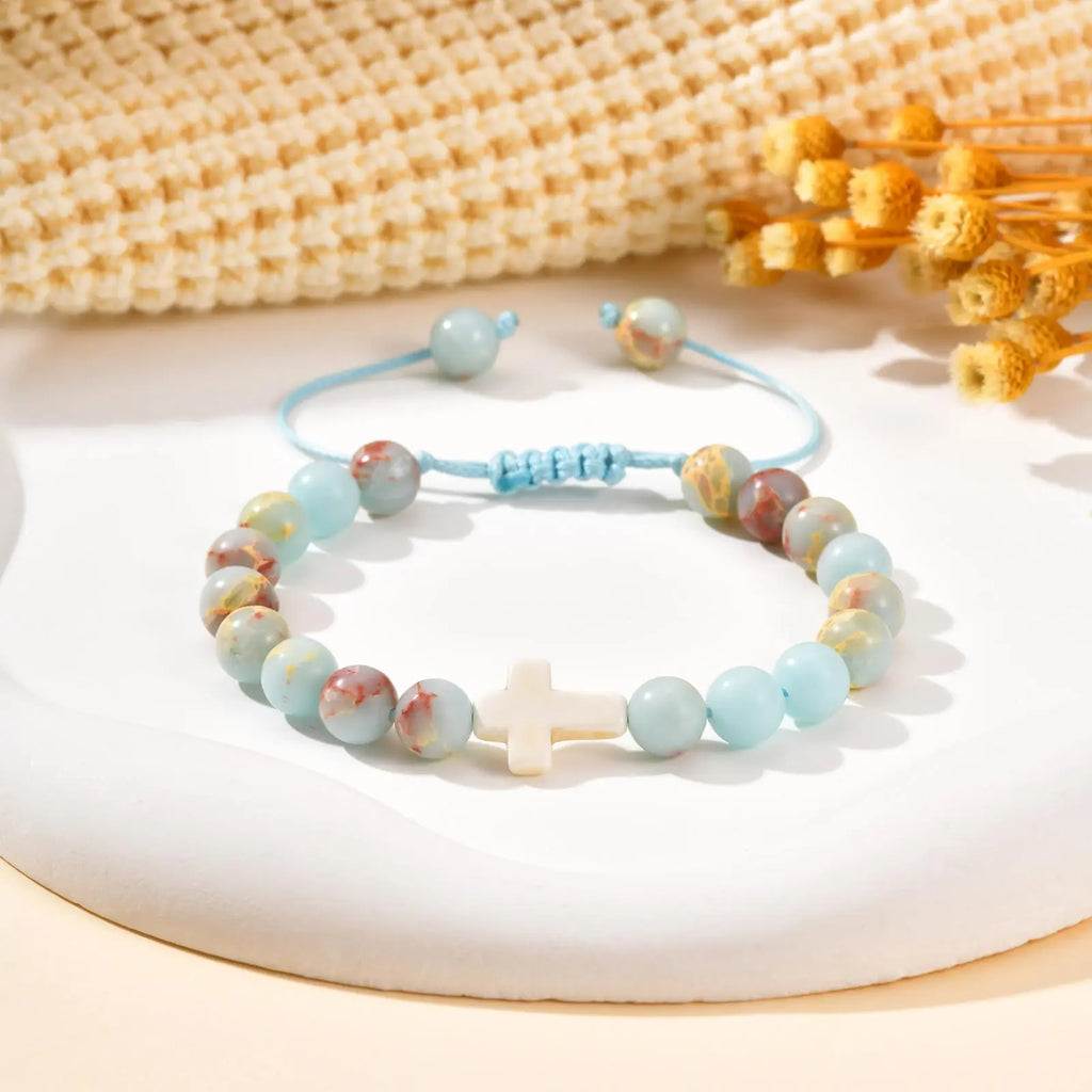 Cross Bracelet For Women'S Adjustable Christian Baptism Religious Natural Stone Beads Bracelet Jewelry For Daily Wear Easter