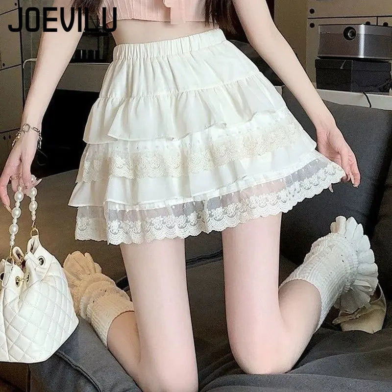 JOEVILU White Tutu Skirt A-line Elastic High Waist Mini Skirts Short Lace Cake Skirt Thin Summer Korean Fashion Goth Y2k Clothes