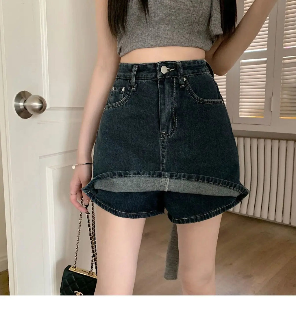 Women's Y2K High-Waist Mini Skirt Deep Blue Denim Spring Summer Slimming Flattering Wrap Around Skirt for Full Coverage