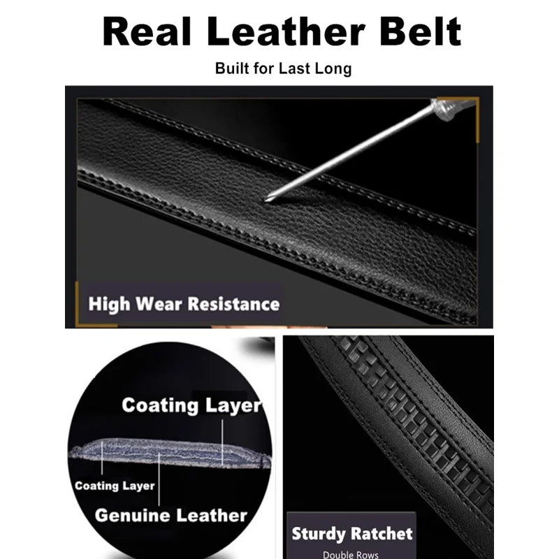 High Quality Black Brown Men’s Belt, Genuine Leather Material, Adjustable Automatic Ratchet Buckle, Cuttable Business Belt