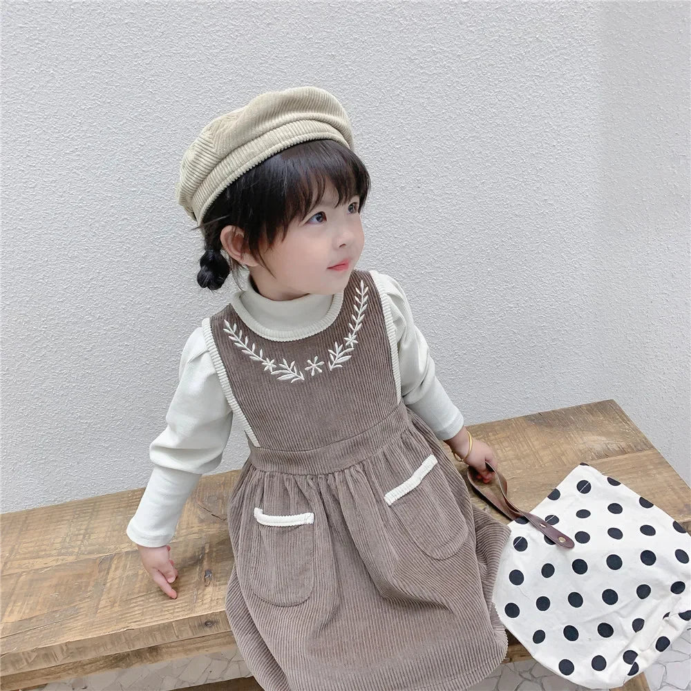 2025 Vinatge Baby Corduroy Sleeveless Dress Little Girls Sundress and Long Sleeve Tops Autumn Winter  Two Piece Set Children