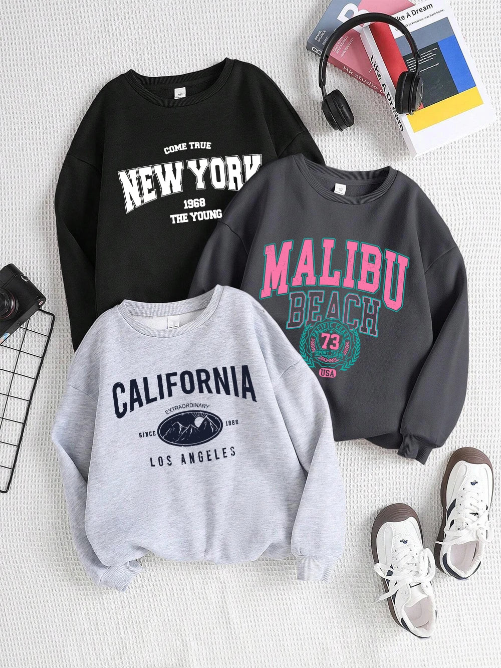 New York California Malibu Letter Sweatshirts Winter Women'S Casual Loose Hoodie Fleece Warm Crewneck Pullover Comfortable Clothes