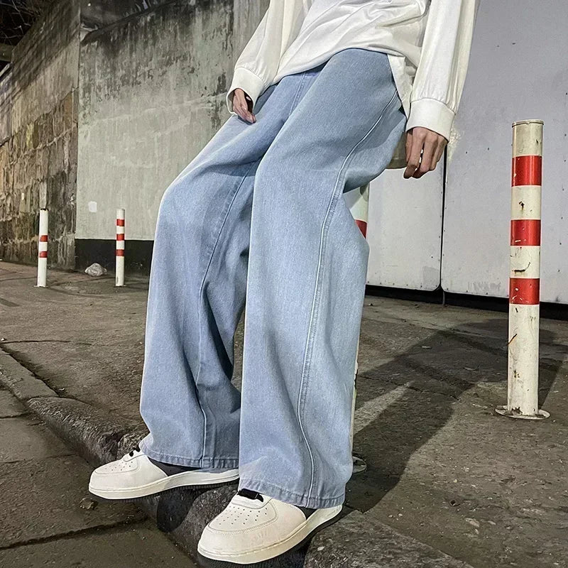 2026 New Streetwear Loose Jeans Men Korean Style Fashion Loose Straight Wide Leg Pants Men's Brand Clothing Black Light Blue
