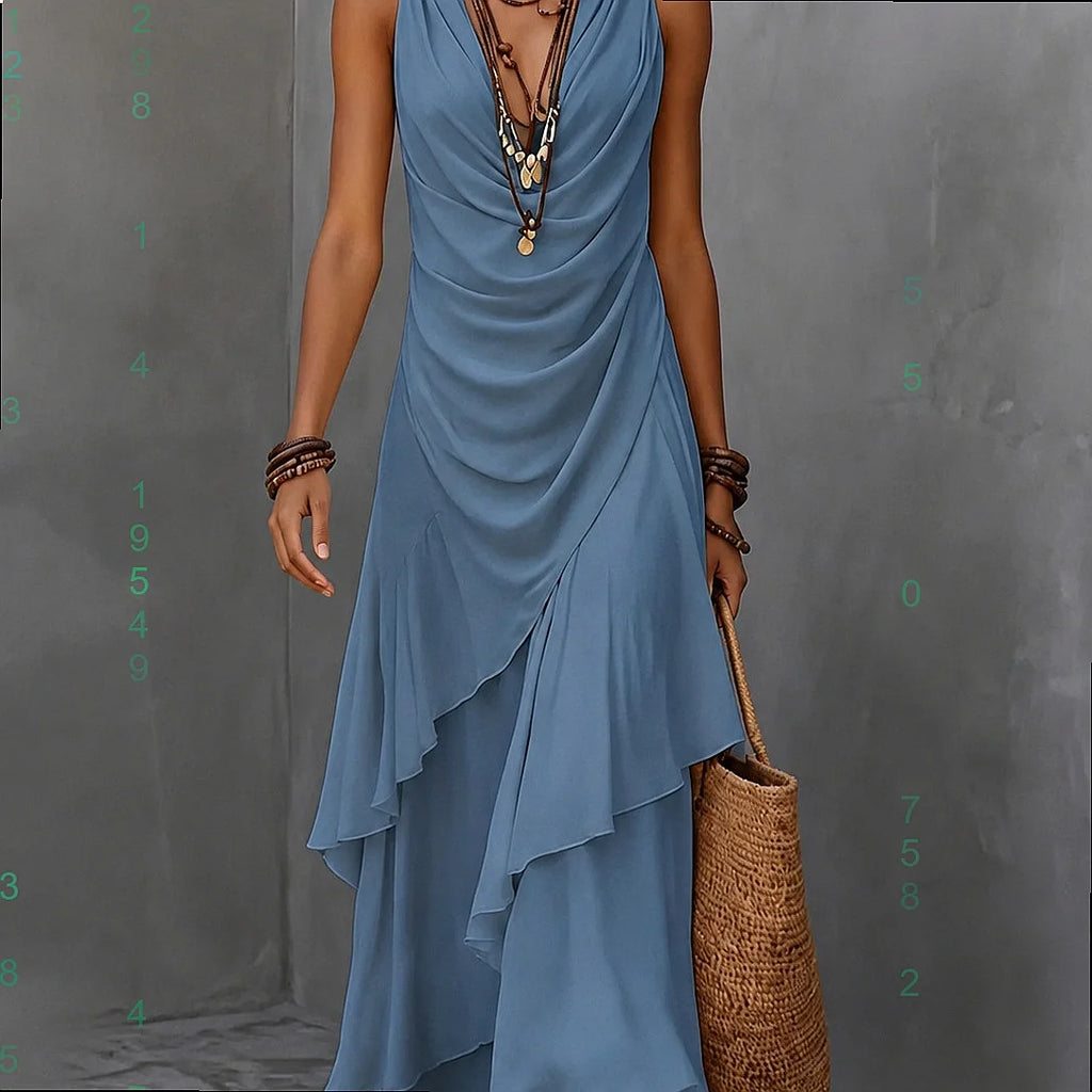 Womens V Neck Sleeveless Dress Summer Casual Long Dresses with Ruffle Hem Flowy Tiered Maxi Dresses