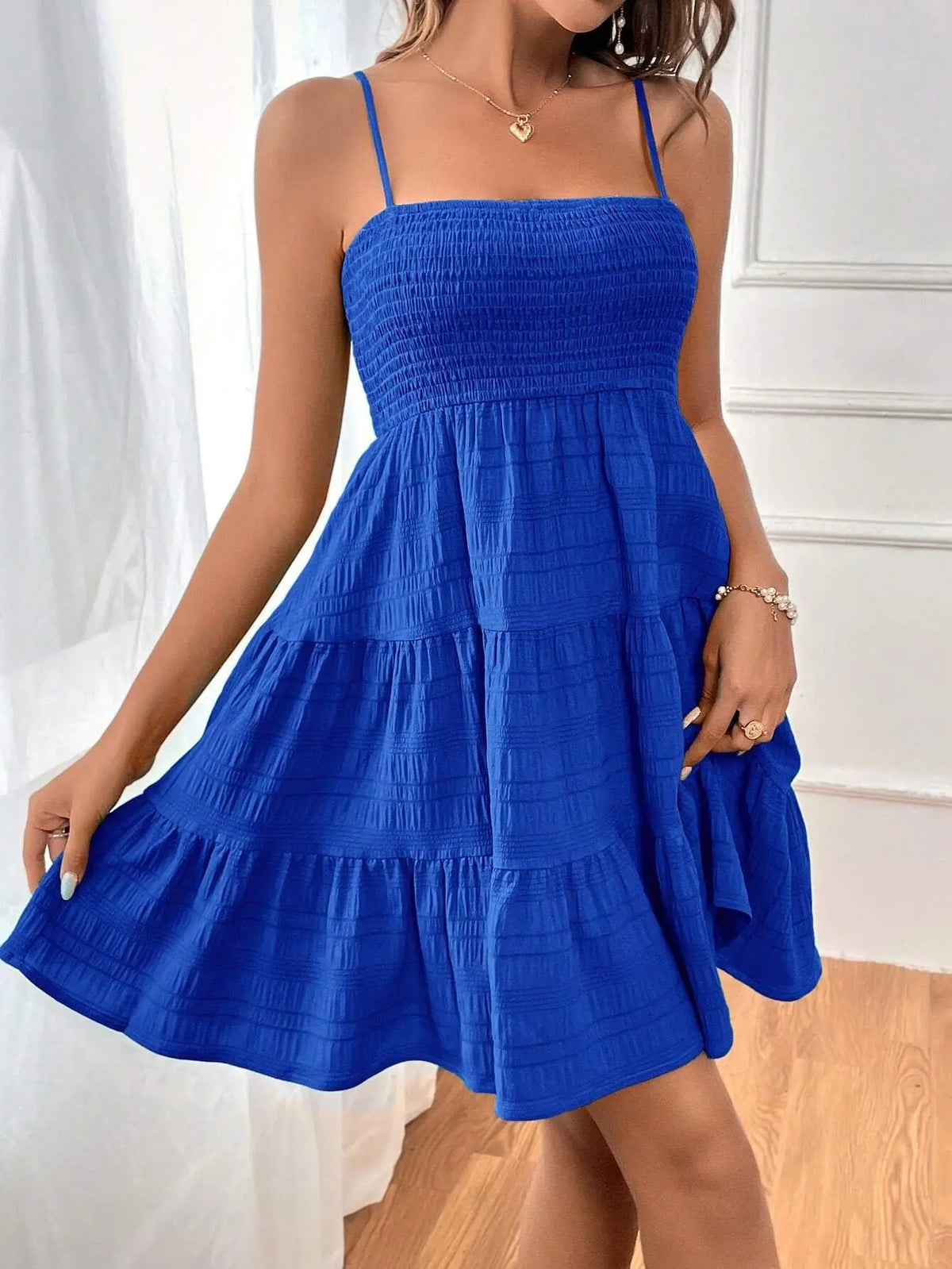 Women's Fashion Spaghetti Strap Smocked Bustier Mini Dress Blue Ruffled Tiered Swing Dress Summer Casual Vacation Beach Wear